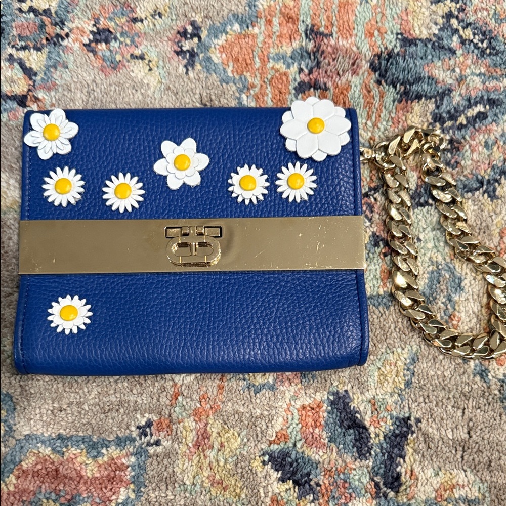 Dee Ocleppo rare Daisy Embellished Blue Leather Wristlet
